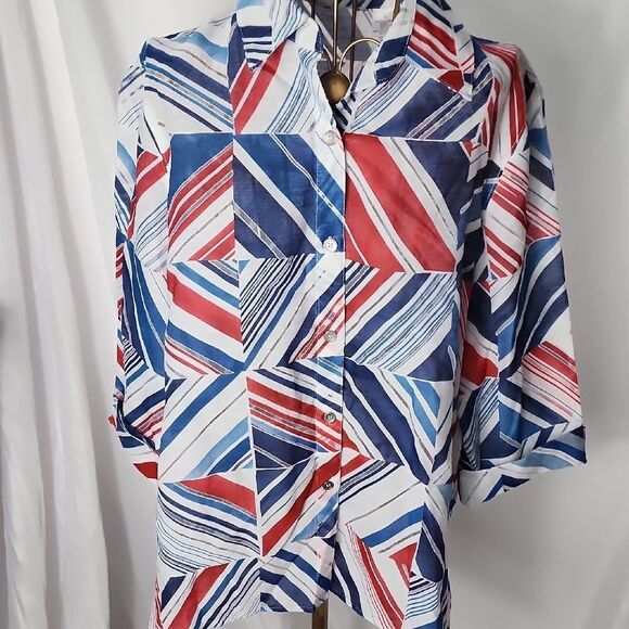 Sheer Red White Blue Patriotic Button Up Collared Shirt Size 10 - Picture 1 of 7
